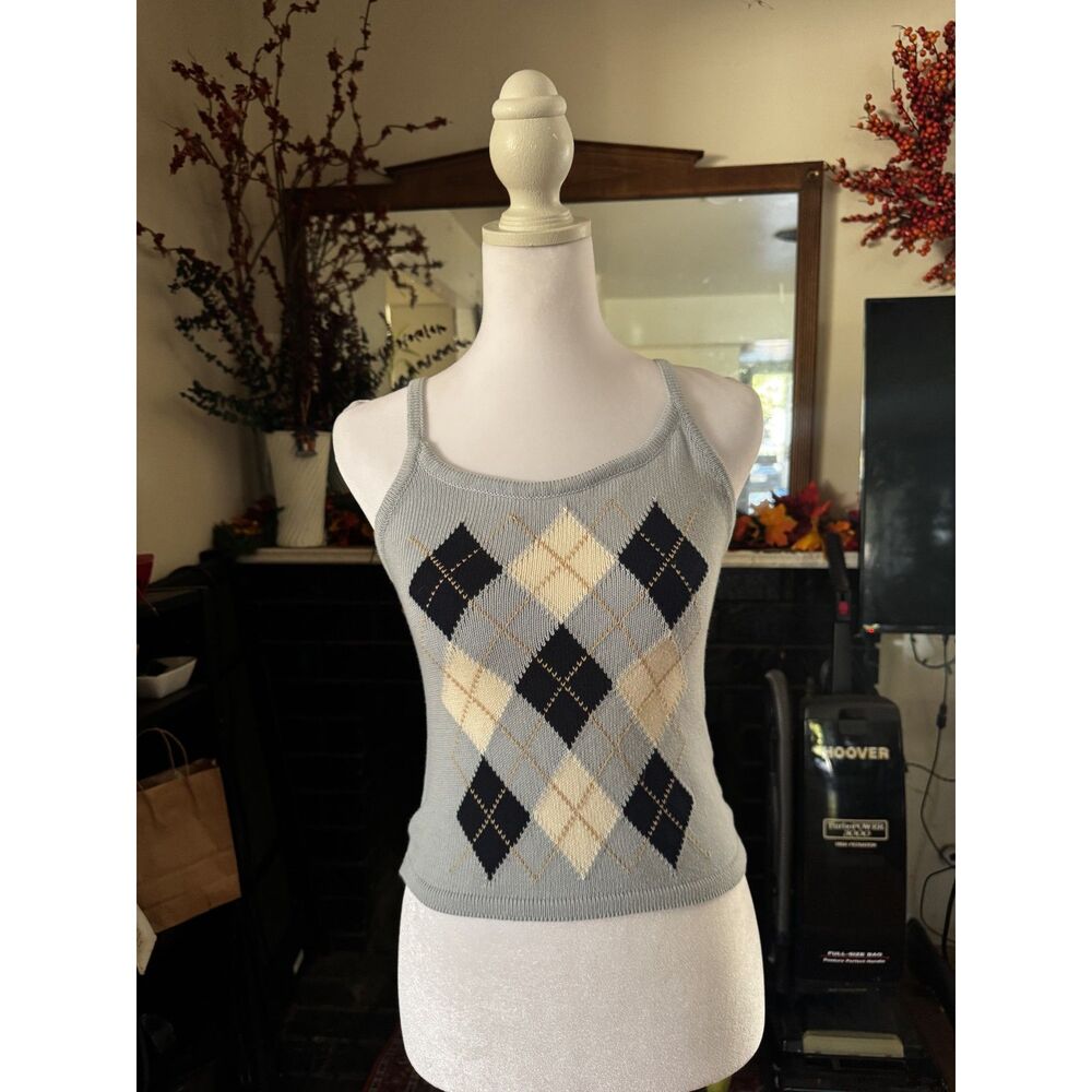 Brandy Melville Argyle Knit Tank Top Blue Cream Cotton Made Italy Y2K Preppy
